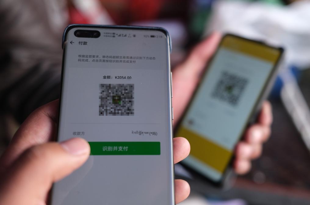 顧客使用移動(dòng)支付。新華社記者晉美多吉 攝